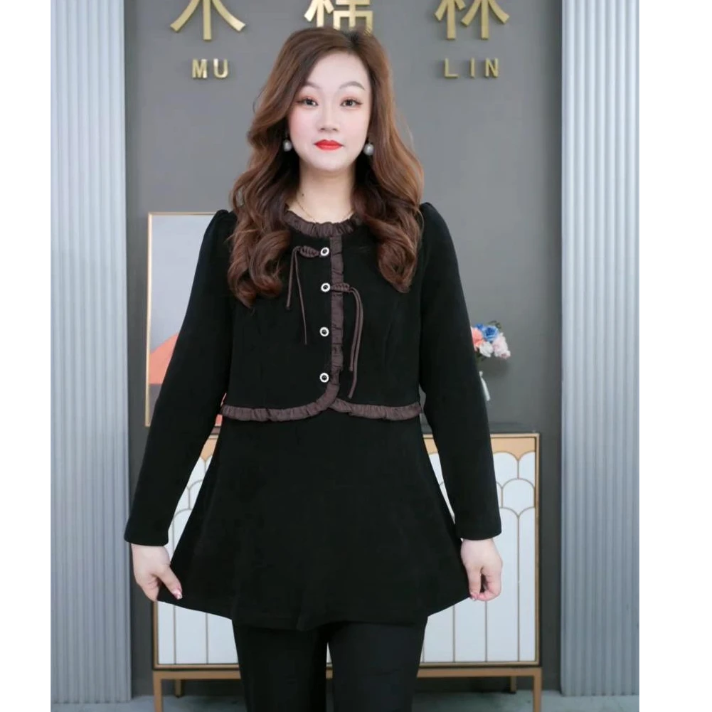 苏迷秋冬新款木耳边撞色拼接大码新中式盘扣收腰显瘦上衣ZB5506