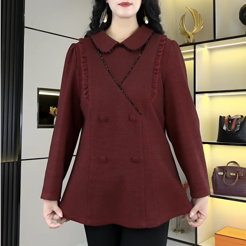 苏迷大码翻领高腰A版正肩花边2025新款时尚显瘦上衣241237