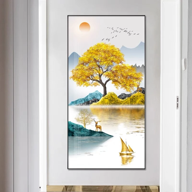 升级版-玄关画-【蒸蒸日上】晶瓷画晶瓷镶钻画玄关画过道画走廊装