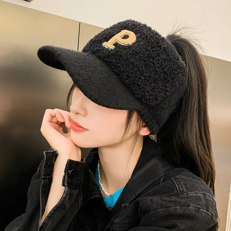 毛绒帽子女款秋冬季时尚保暖空顶鸭舌帽加绒针织字母棒球帽显脸小