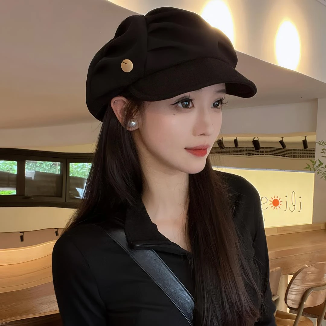 专柜品质显脸小云朵八角帽子女褶皱包脸画家帽休闲韩版素颜贝雷帽