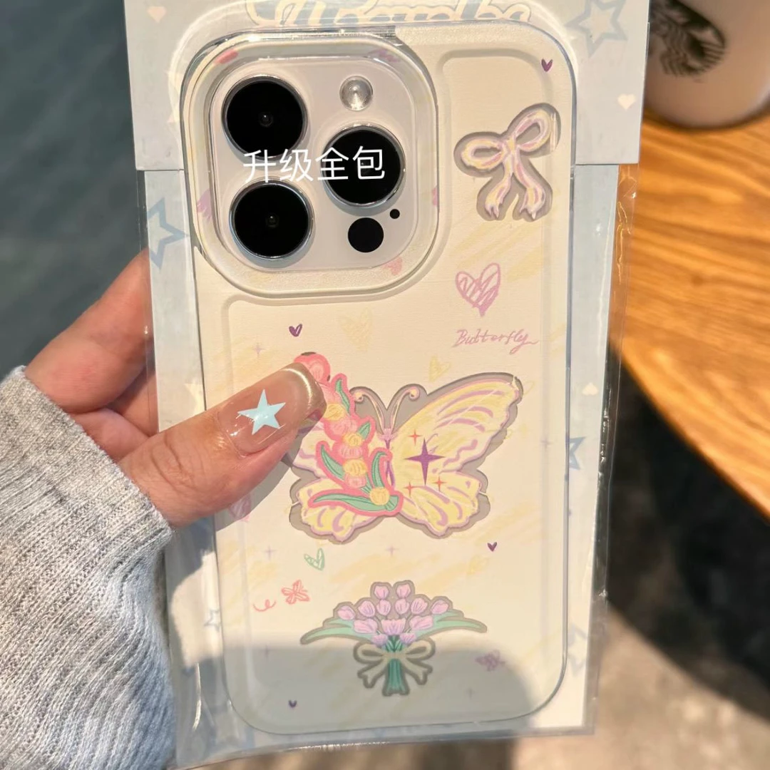 蝴蝶黄底适用苹果13/14手机壳iphone15pro12女11小米vivo华为oppo