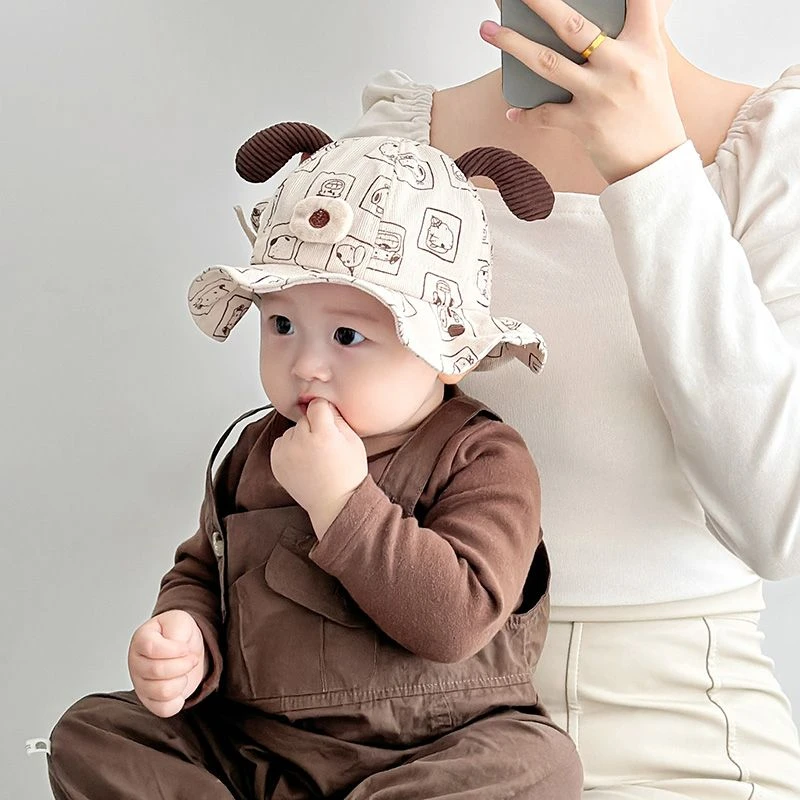 婴儿帽子春秋款可爱超萌宝宝遮阳渔夫帽可调节秋季小月龄男童盆帽