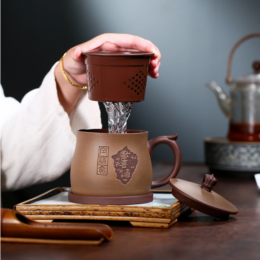 四件套杯【欢喜】 原矿老紫泥 （段泥粉浆） 容量520cc 全手工制