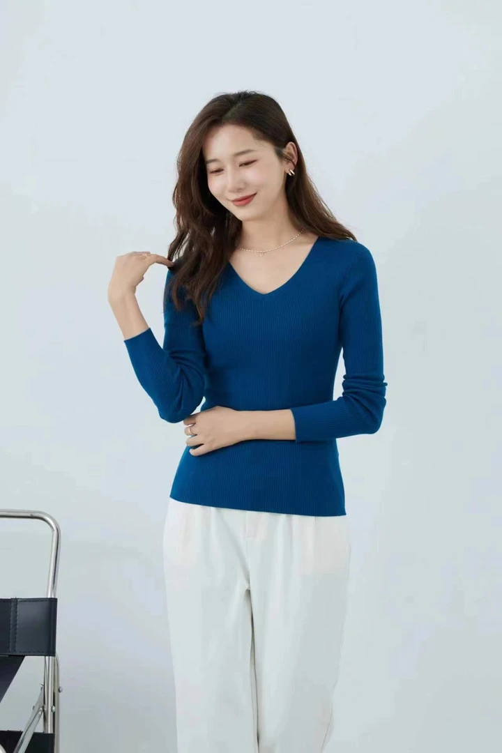 100%纯羊毛精纺可机洗无缝一线成衣时尚百搭纯色V领优雅打底衫013