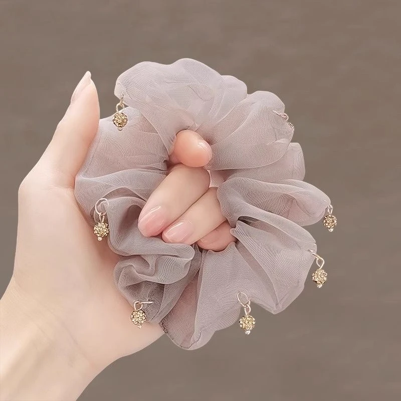 网纱发圈简约气质欧根纱大肠圈2025新款水钻吊坠丸子头专用头花