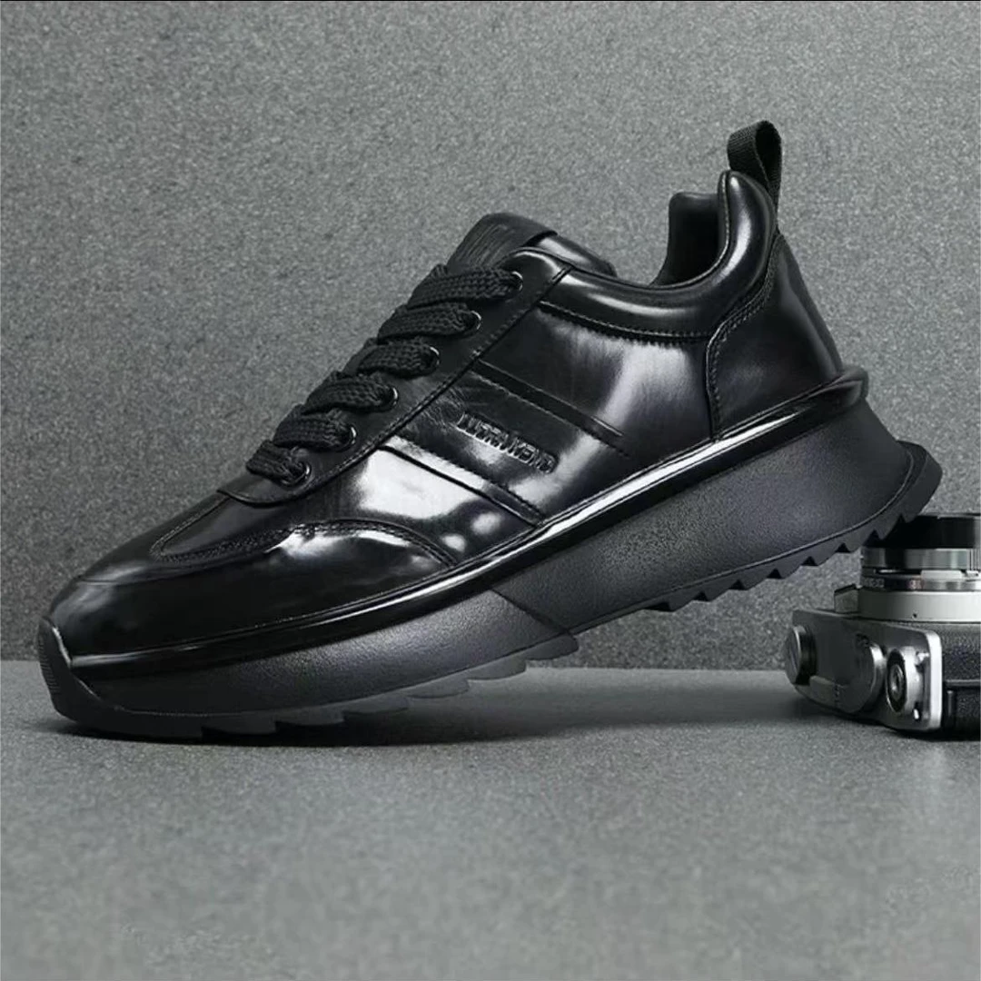 新款休闲运动潮流真皮时尚男士鞋鞋子黑色欧洲厚底百搭潮鞋