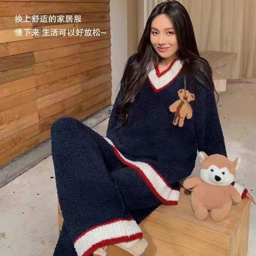 【DELEK®】冬季睡衣女秋冬季加厚半边加绒可爱小熊软绵绵家居服套装