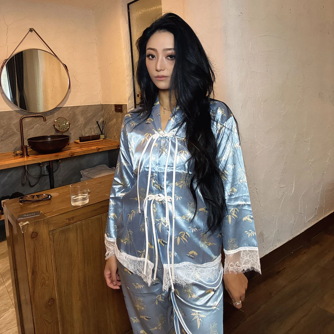 DELEK®实拍 新中式中国蕾丝睡衣长裤家居服套装 国风