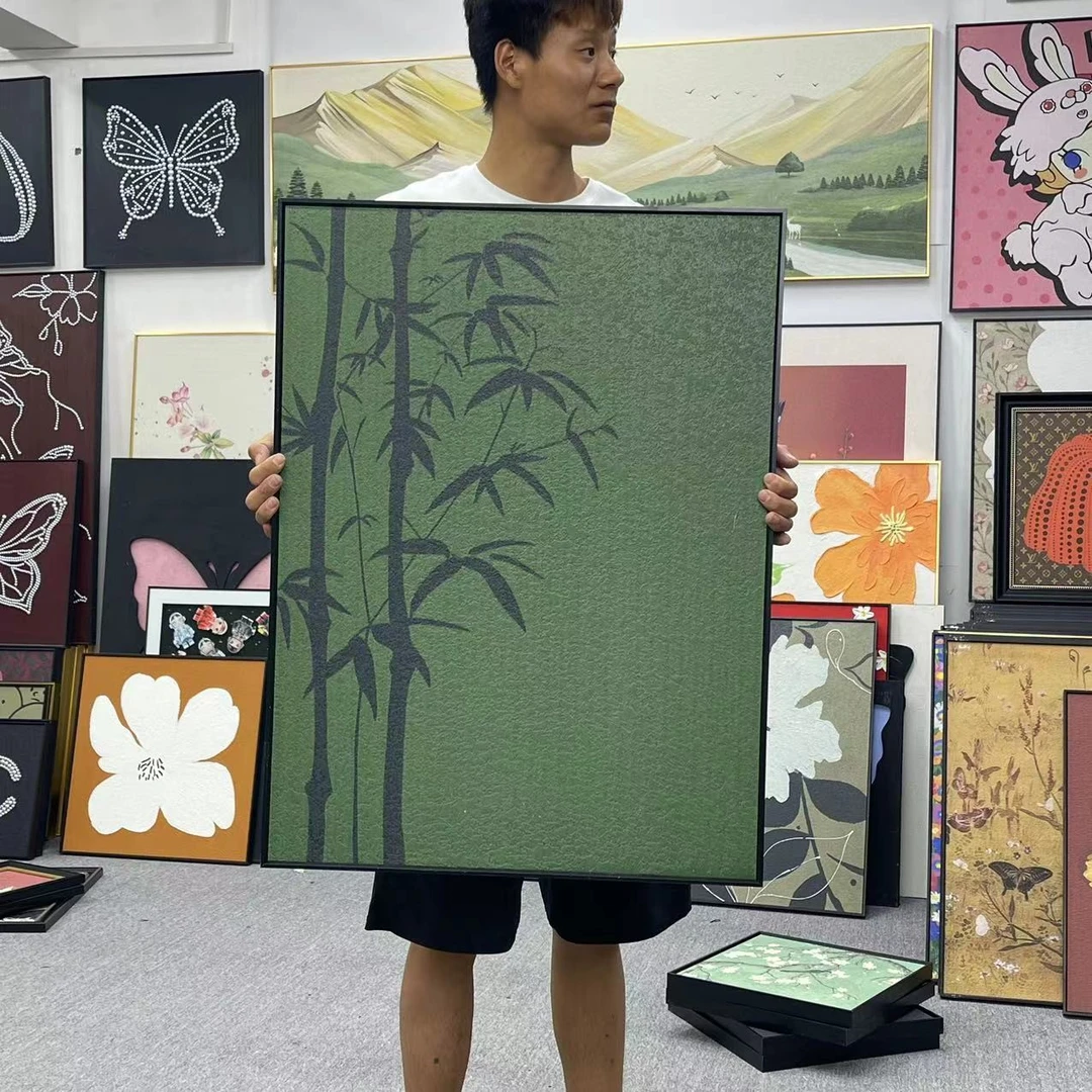 南洋风墨竹治愈系客厅画中古玄关卧室挂画新中式绿色茶室壁画6080