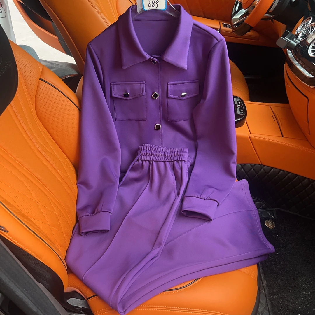 685#新款2025高级感休闲运动装显瘦气质高腰时尚百搭阔腿紫色套装