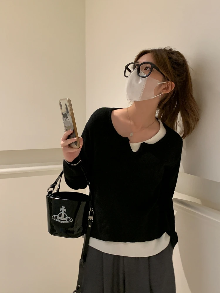 韩版假两件长袖针织衫上衣女秋冬撞色宽松显瘦拼接设计感v领毛衣