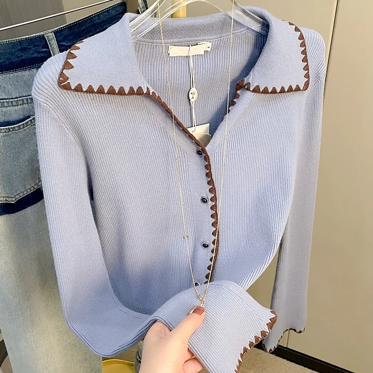 复古撞色翻领长袖针织开衫女2024秋季新款高级感修身显瘦短款上衣