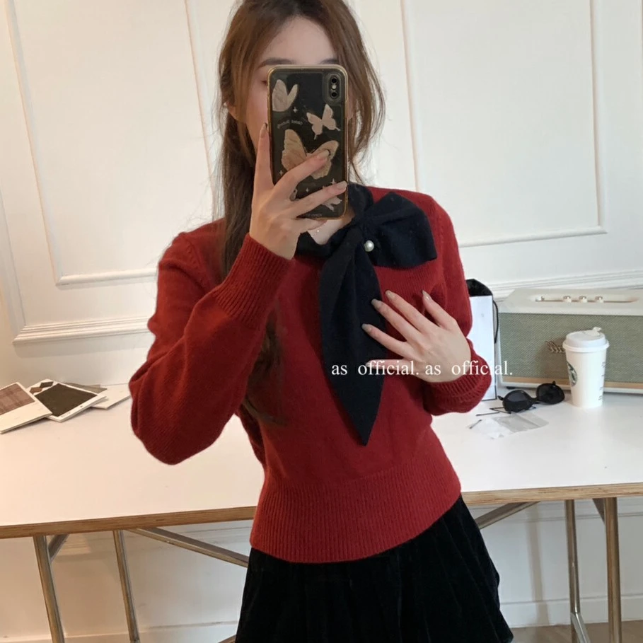 法式优雅蝴蝶结短款毛衣秋冬新款韩版宽松显瘦套头红色长袖针织衫