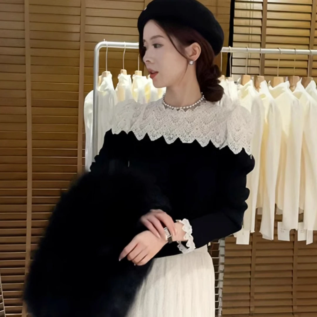 法式钩花蕾丝拼接针织小衫女秋冬优雅气质洋气高级感撞色镂空上衣