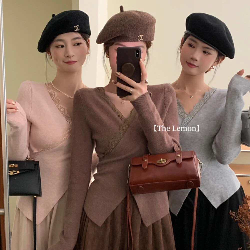 纯欲蕾丝边交叉v领内搭针织衫女秋冬法式设计感气质洋气打底上衣