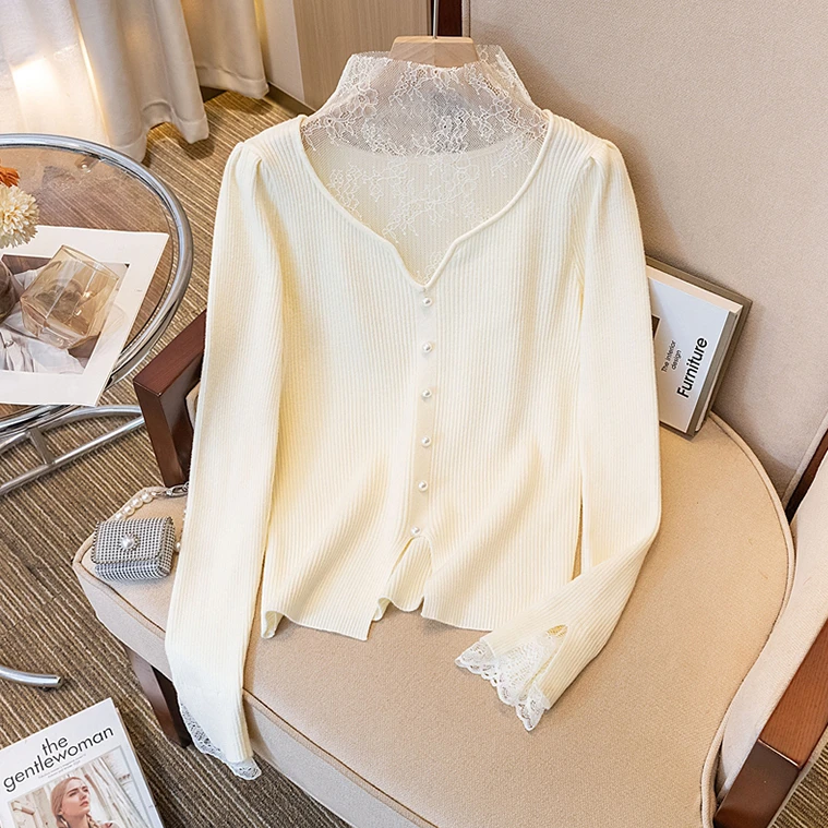 小香风高级感假两件蕾丝拼接显瘦钉珠衫2024秋冬新款气质打底衫女