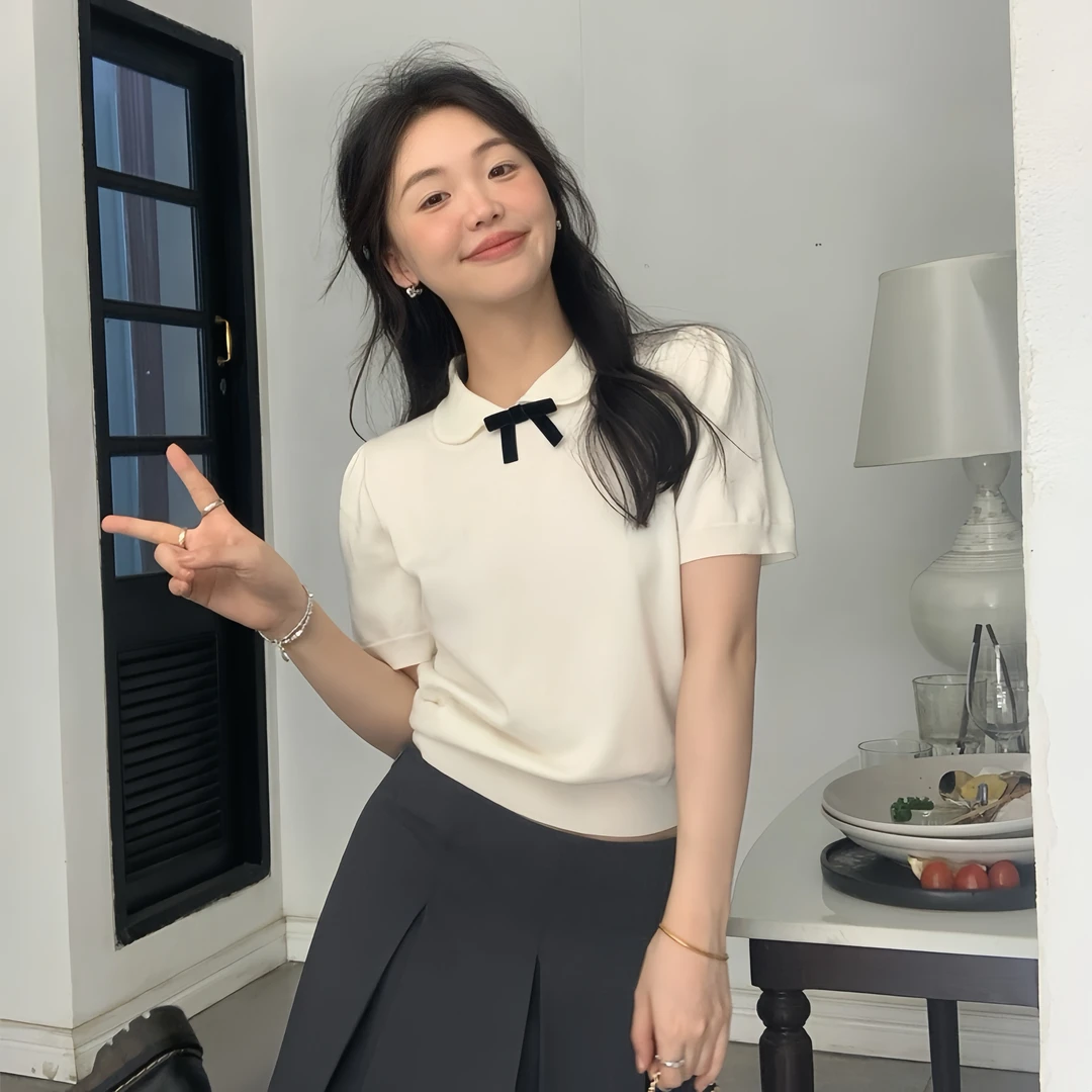 娃娃领设计感蝴蝶结短袖女2024夏季新款甜美小香风小众针织衫上衣