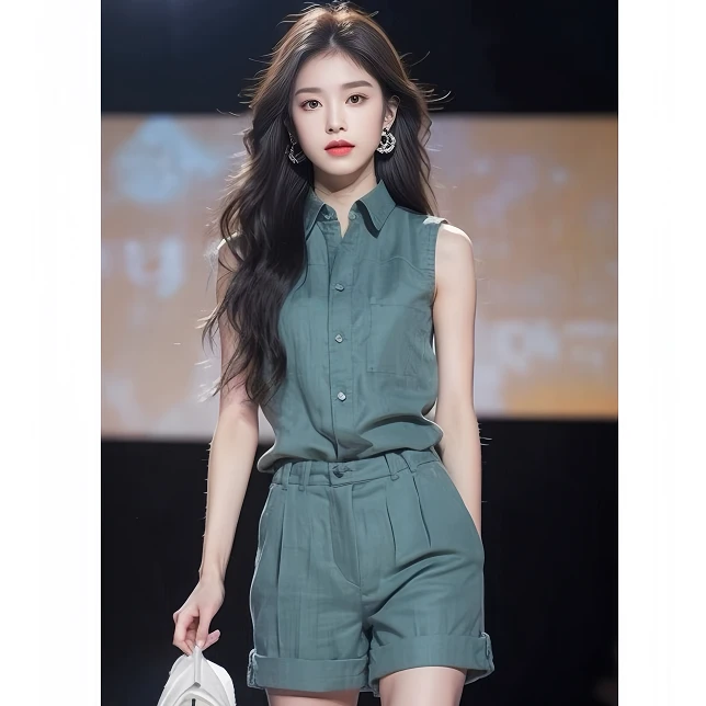 夏装搭配一整套2024夏季新款时尚减龄洋气绿色无袖衬衫休闲套装女