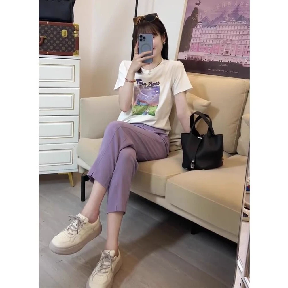 紫色时尚套装女夏季新款宽松显瘦短袖t恤高腰休闲哈伦裤子两件套
