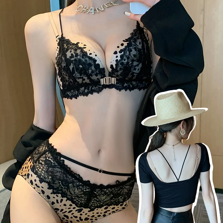 维多利亚豹纹前扣内衣女薄款大胸显小性感无钢圈蕾丝美背文胸套装