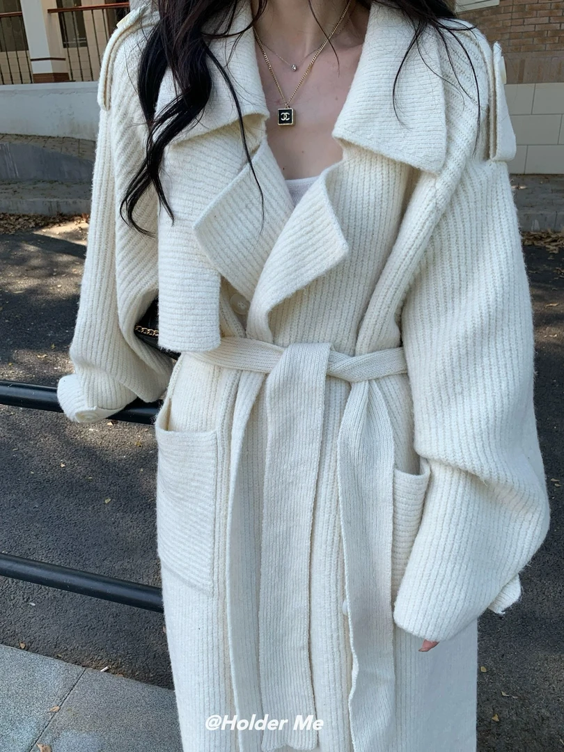 HOLDER正版老钱风宽松针织外套长款毛衣(配腰绳)
