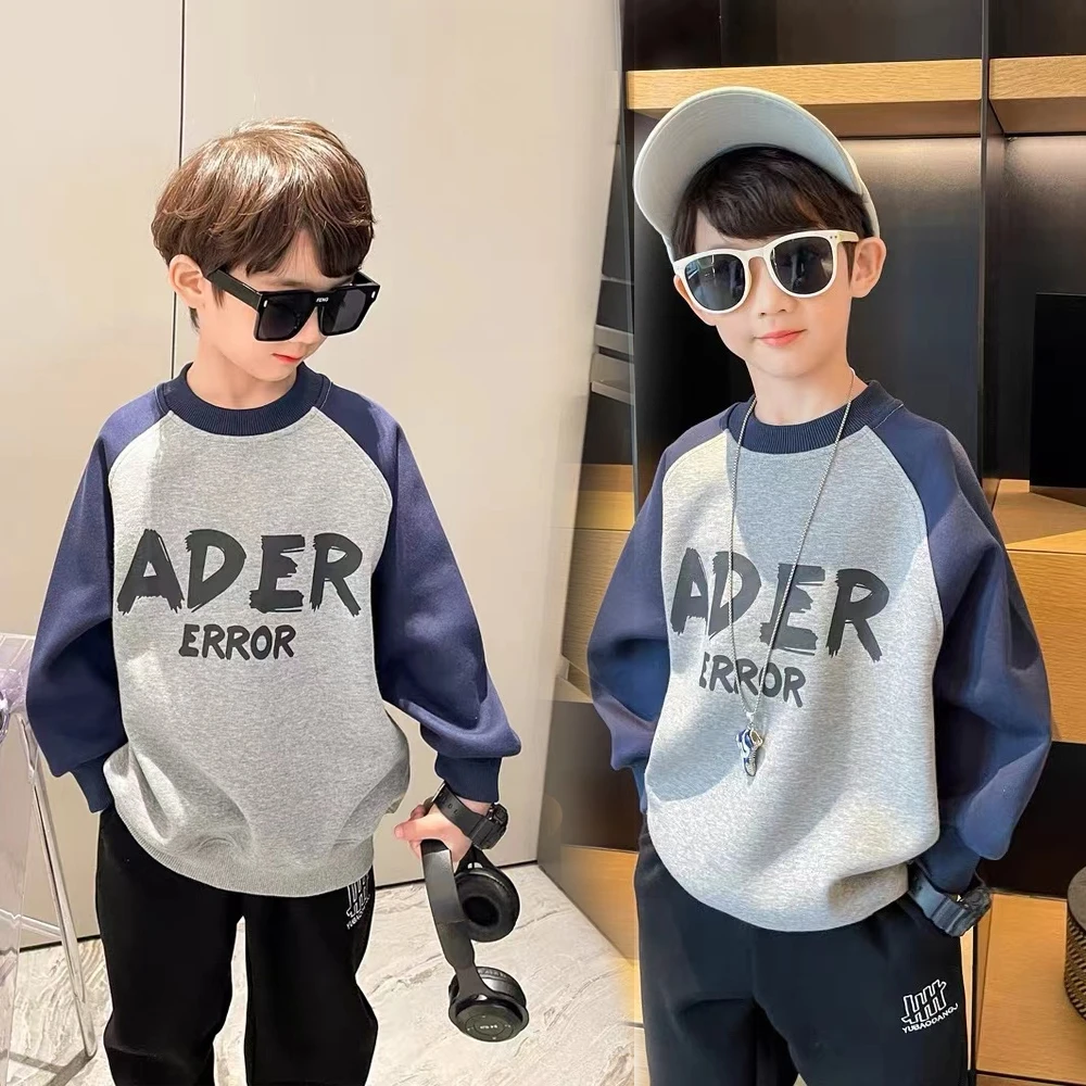 加绒儿童卫衣冬季插肩袖中大童卫衣保暖拼色上衣宽松女童韩版儿童