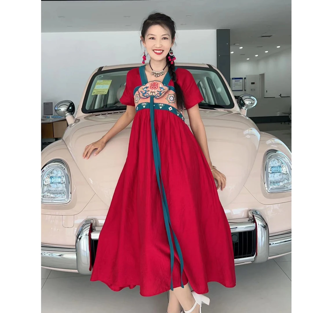 红色改良版汉服裙中式夏季