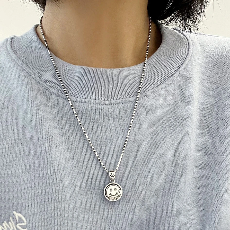 坠链均925银  配T恤复古笑脸吊坠长款项链时尚情侣轻奢2025年新款