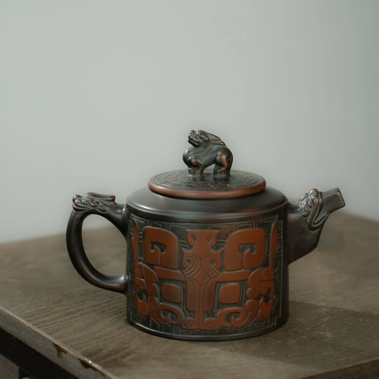 广西钦州坭兴陶-青铜纹壶-浮雕龙壶-高身壶-原矿泥料-全手工250ml