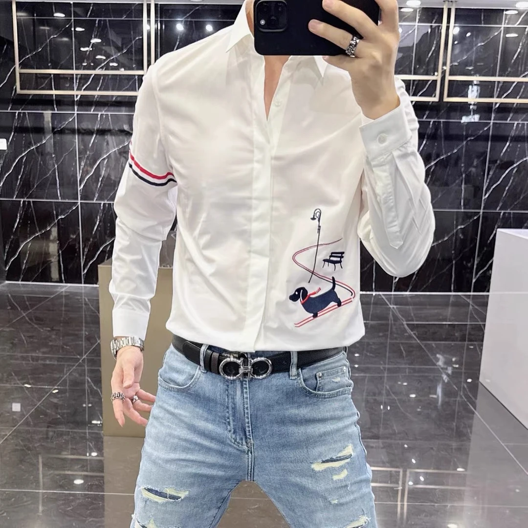 2024春秋新款长袖衬衫男款欧货高端刺绣微弹潮流时尚修身白色衬衣