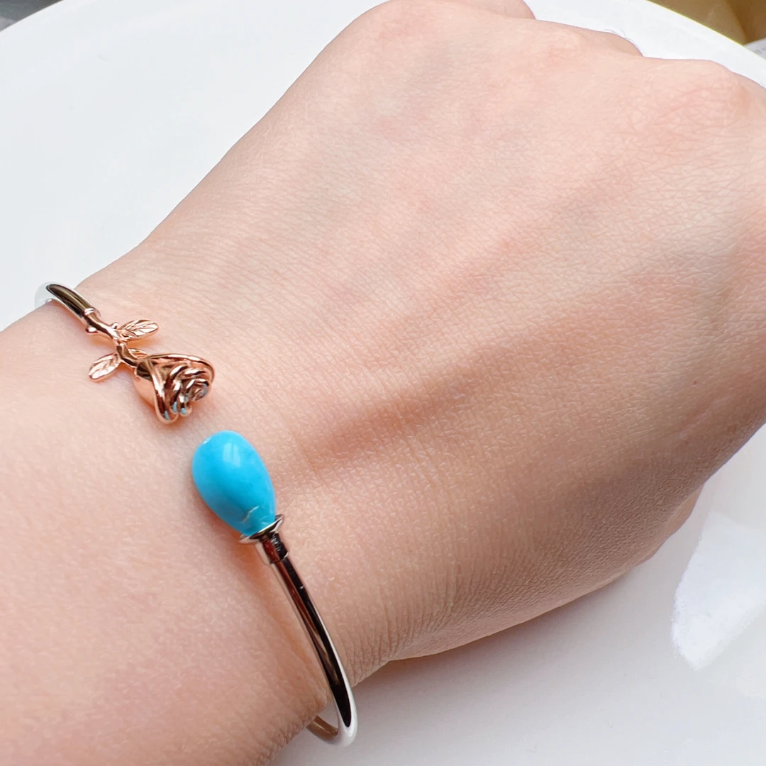 绿松石手镯原矿高瓷精致精美925银镶嵌蓝色松石时尚珠宝开口手镯