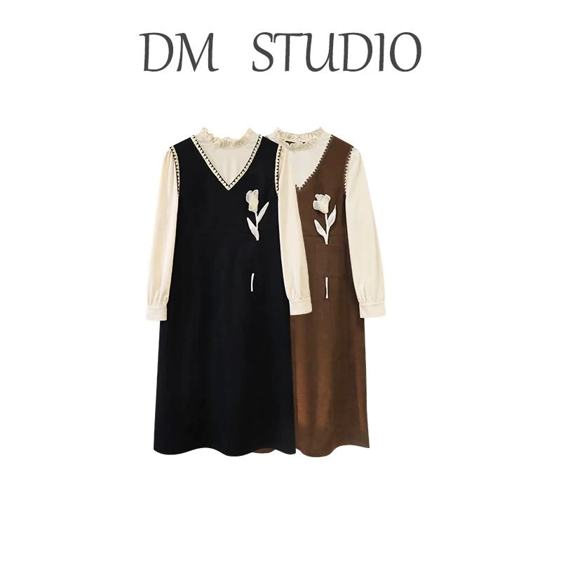 DM15067【冬日花语】秋冬半高领拼接法式优雅显瘦微A字连衣裙