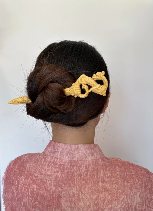 黄杨木龙图腾剑簪实木发簪汉服旗袍盘发簪中国风双面立体雕刻挽发