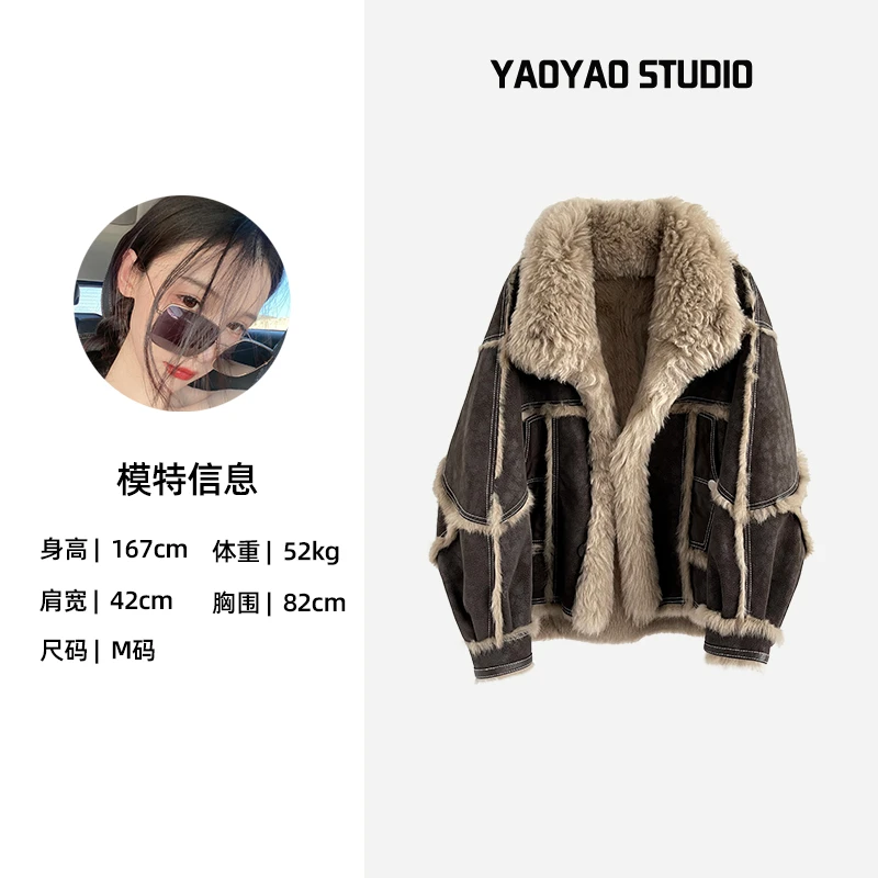 新款女兔毛皮毛一体机车服冬羊毛领外套中长款时尚休闲年轻