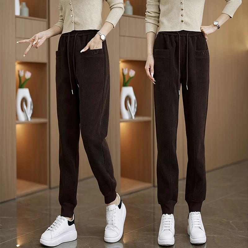 欧棉绒休闲裤女2024冬季新款加绒加厚哈伦裤高腰显瘦束脚运动裤