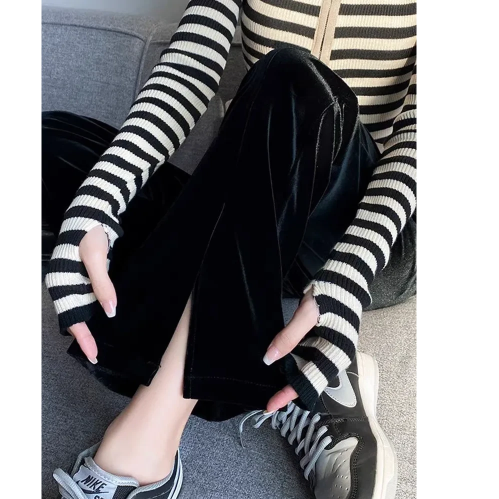精品金丝绒阔腿裤女秋冬高腰垂感拖地微喇裤小个子显瘦开叉丝绒裤