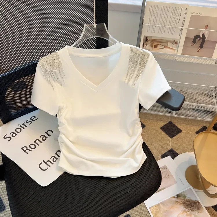 2024时尚V领烫钻短袖T恤衫女夏新款气质小衫宽松百搭遮肉上衣
