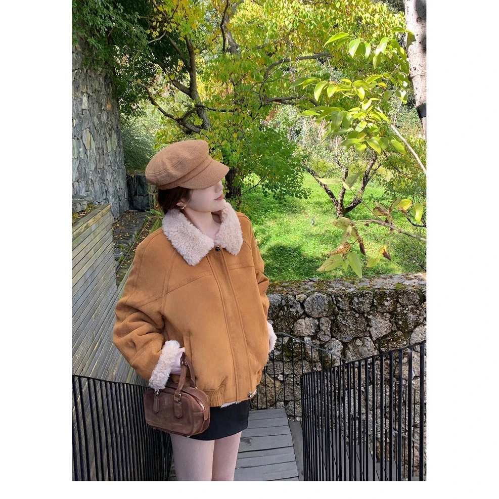 美拉德 韩系复古双版本毛毛外套加厚夹克外套女冬A005