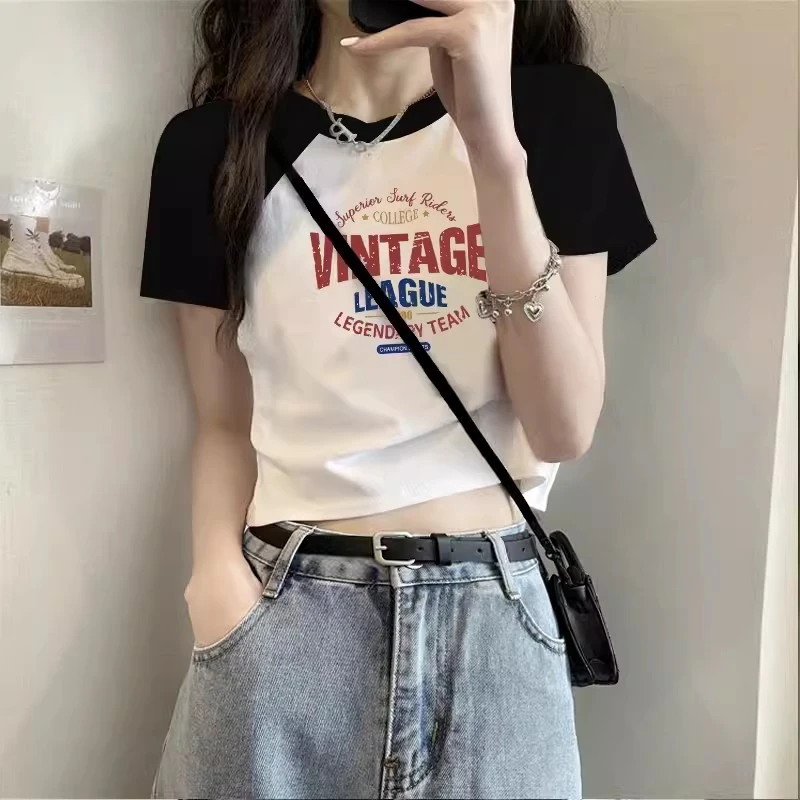 正肩插肩T恤女夏季设计感黑白拼接短袖体恤小众独特别致短款上衣