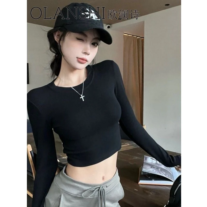 秋季辣妹修身紧身短款打底衫高腰上衣女圆领内搭长袖德绒百搭t恤