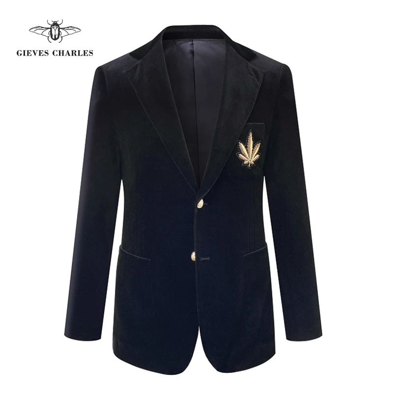GIEVESCHARLES意大利丝绒面料24K金扣徽章黑色布雷泽春秋西服外套