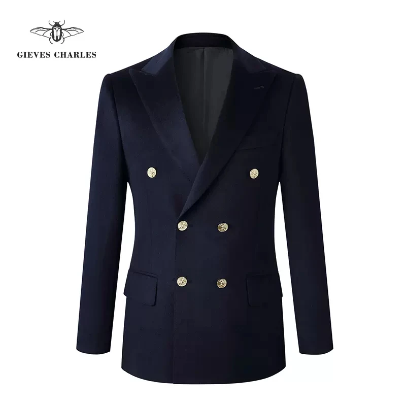 GIEVESCHARLES限量版藏蓝色布雷泽双排金扣手工秋冬休闲男士西服