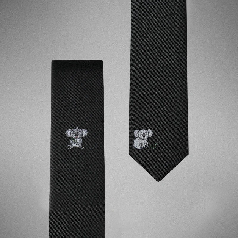 GIEVES CHARLES意大利风格萌系考拉桑蚕丝刺绣男士黑色领带男休闲