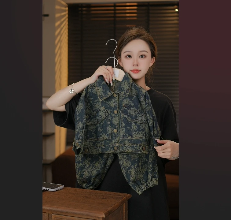 2025新款港风复古时尚牛仔百搭男女宝潮流重工韩版套装28088