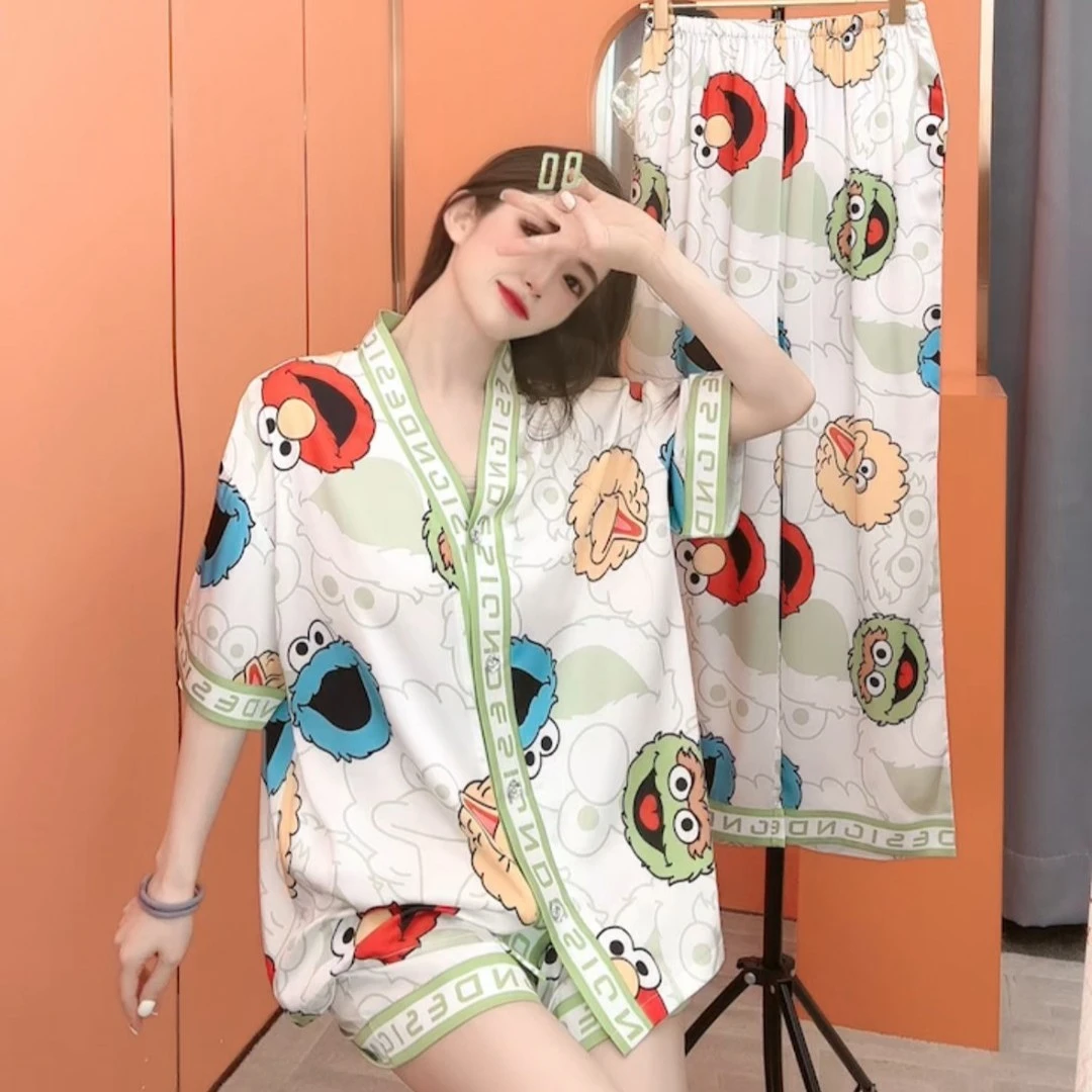 高品高定【芝麻街三件套】柔光缎平纹薄款睡衣套装夏季家居服时尚