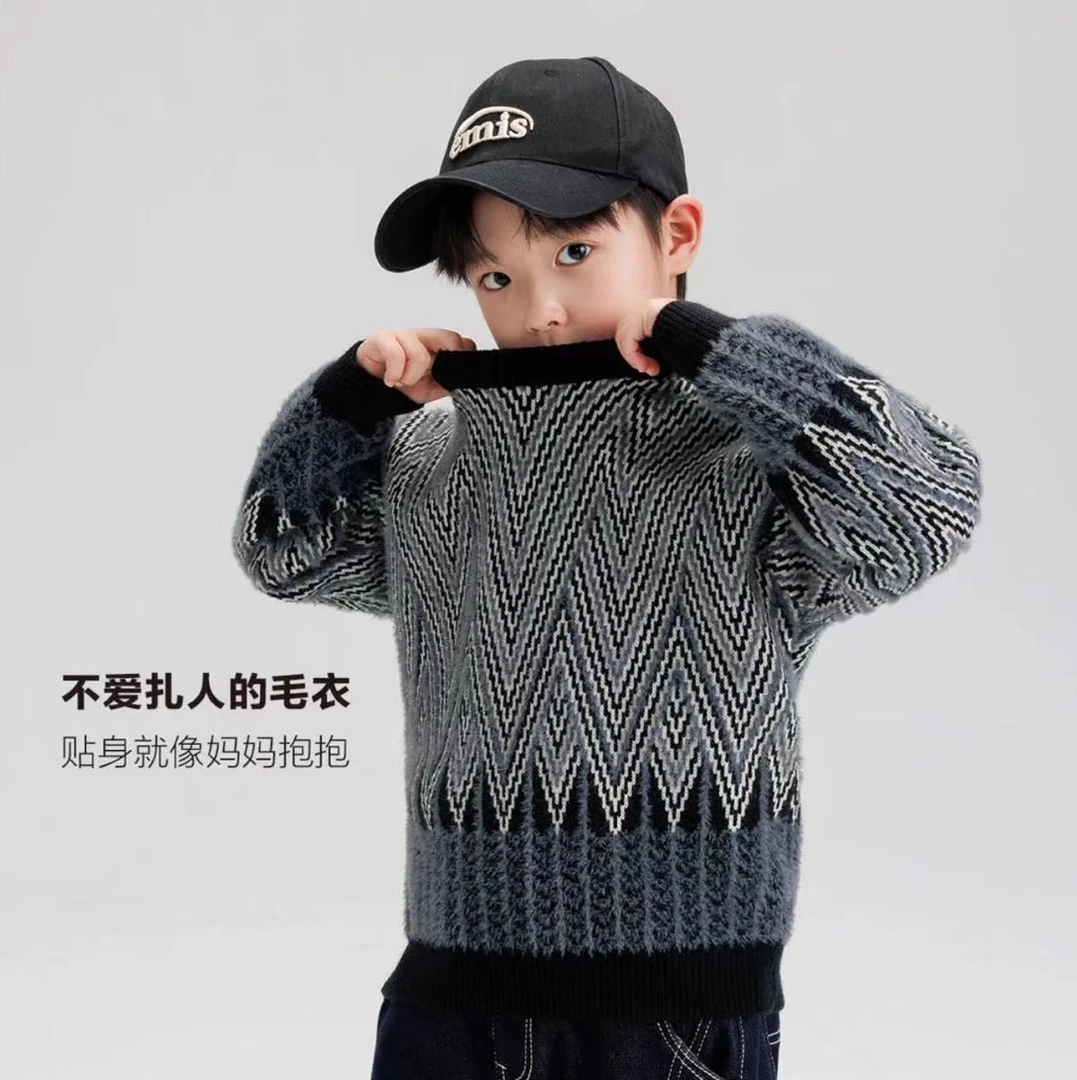 2025秋冬新款加厚男童保暖针织毛衣提花韩版帅气潮流针织衫