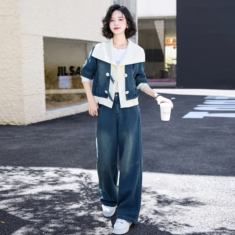 搭配一整套拼接牛仔套装女2025秋装新款休闲洋气减龄阔腿裤两件套
