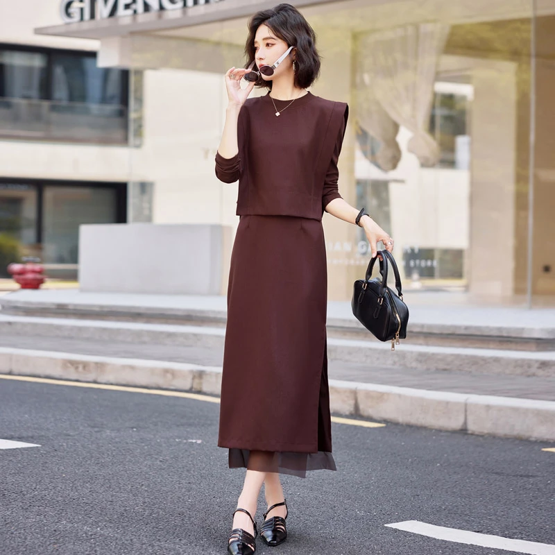 2025早秋新款高级感圓领长袖卫衣侧开叉半身裙小众时尚气质套装女