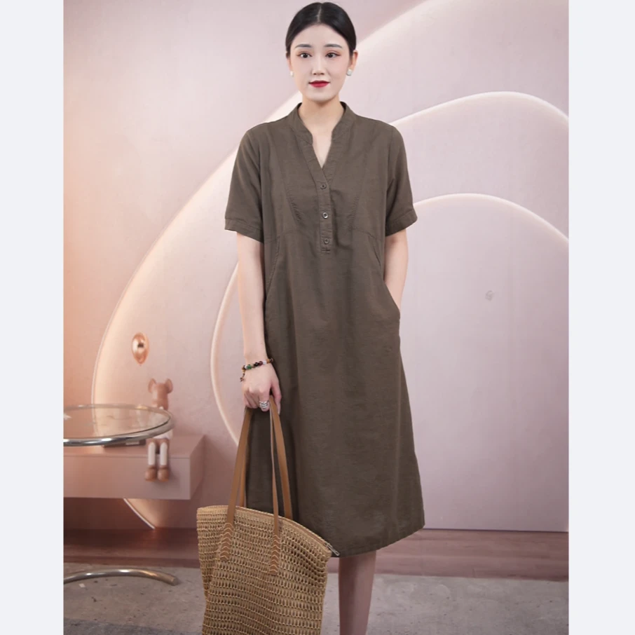 zfc 9919 亚麻V领连衣裙